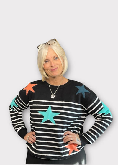 Striped Star Print Jumper - Black & White