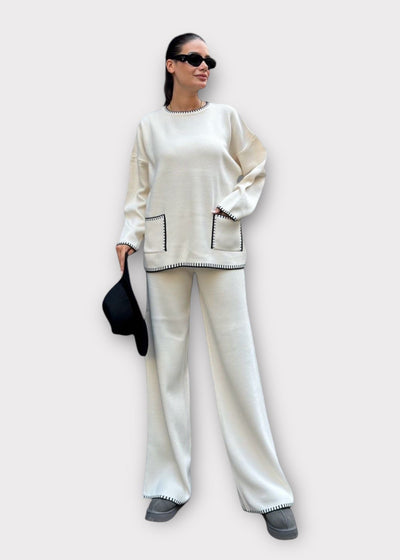 Wide Leg Knitted Lounge Suit - Cream With Black Trim