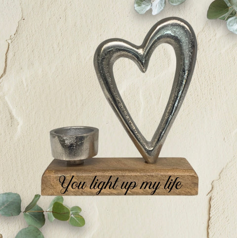 Metal Heart T-Light Holder On A Wooden Base