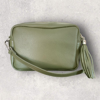 Leather Rectangle Tassel Crossbody Bag - Olive Green