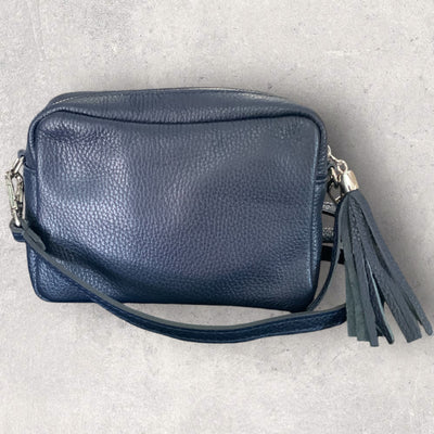 Leather Rectangle Tassel Crossbody Bag - Navy