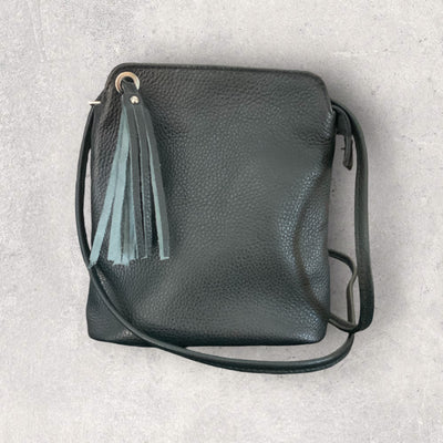 Leather Tassel Crossbody Bag - Black