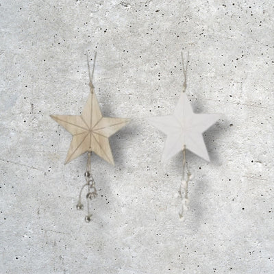 Hanging Stars With Bells In White Or Natural Wood - 21cm