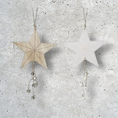 Hanging Stars With Bells In White Or Natural Wood - 27cm