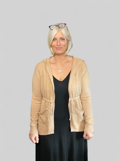 Drawstring Knitted Hooded Cardigan - Camel