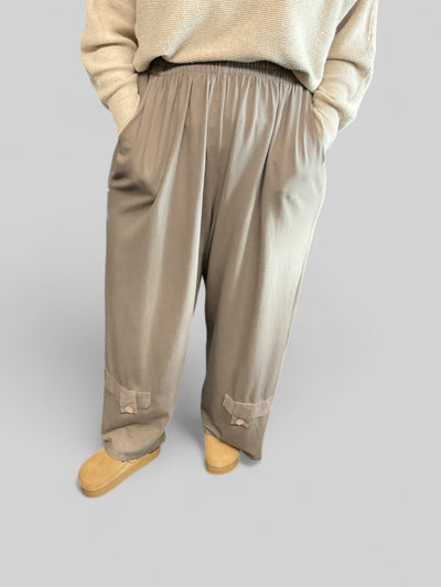 Button Patch Elasticated Waist Palazzo Pants - Mocha