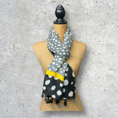 Spot Tassel Scarf - Grey, Black & Yellow