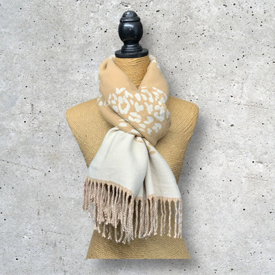 Double Sided Animal Heart Print Tassel Scarf - Cream