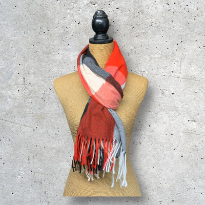 Multi Plaid Print Tassel Scarf - Red, Black & White