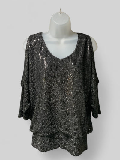 Black Sequin Cold Shoulder Top