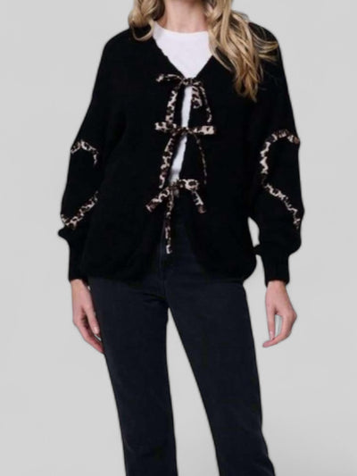 Black Cardigan With Animal Print Trim