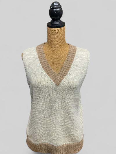 Contrast Sparkle V Neck Tank Top - Cream/Stone