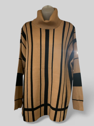 Vertical Stripe Roll Neck Jumper - Mocha/Black