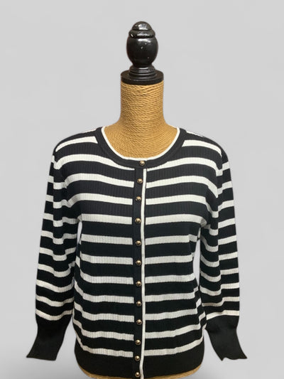 Black & White Striped Cardigan With Gold Coloured Buttons