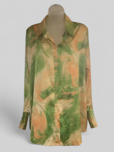 Abstract Peach & Green Button Up Shirt